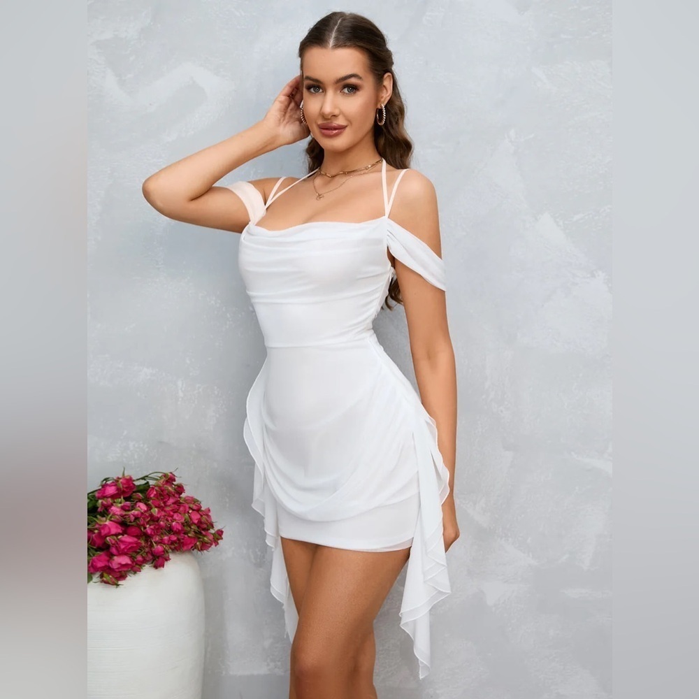 Parthea Cold Shoulder Ruffle Trim Ruched Mesh Bodycon Dress - Ivory - Picture 3 of 8